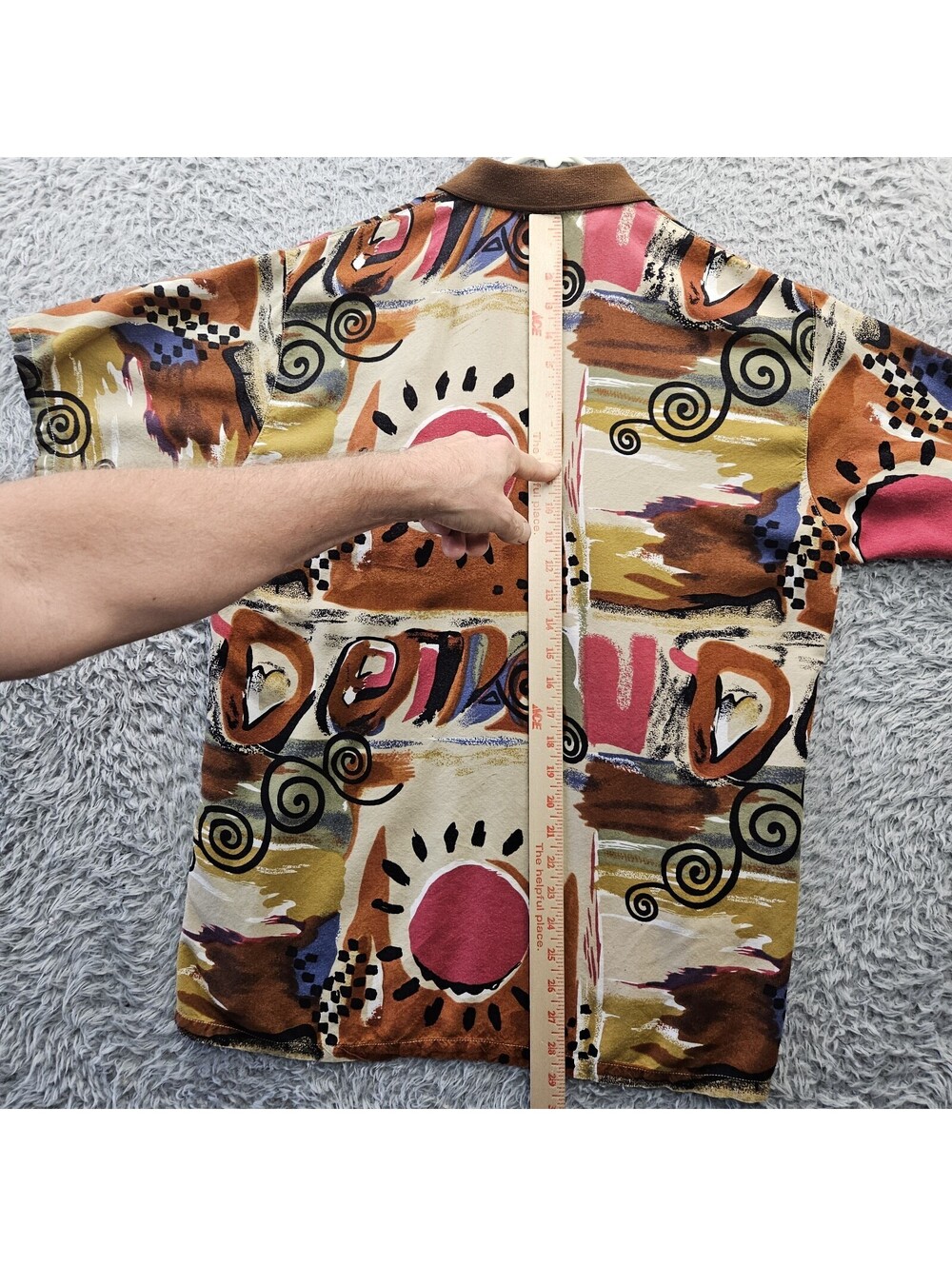 Vintage 70s ACEWIN Polo Shirt Rayon Men Large Art Abstract All Over Print - Picture 10 of 11